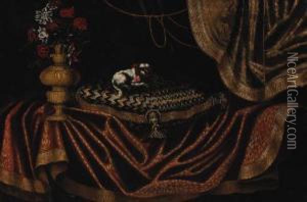 A Toy Spaniel On An Embroidered Cushion With A Vase Of Flowers On Adraped Table Oil Painting - Antonio Gianlisi The Younger