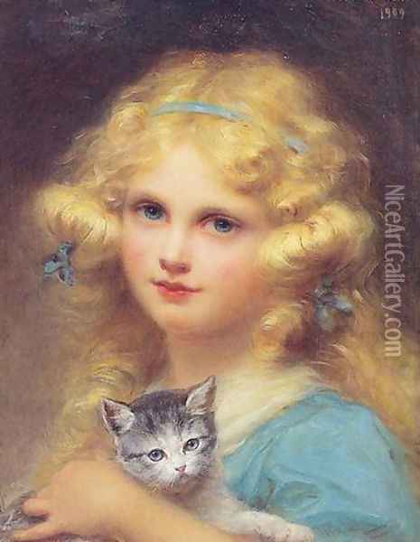 Portrait of a young girl holding a kitten Oil Painting - Edouard Cabane
