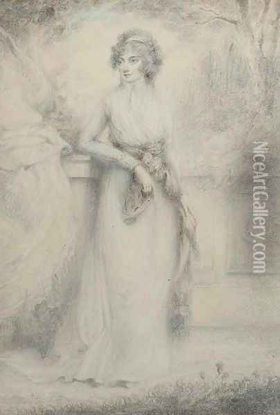 Portrait of a lady, small full-length, standing before a balustrade Oil Painting - Richard Cosway