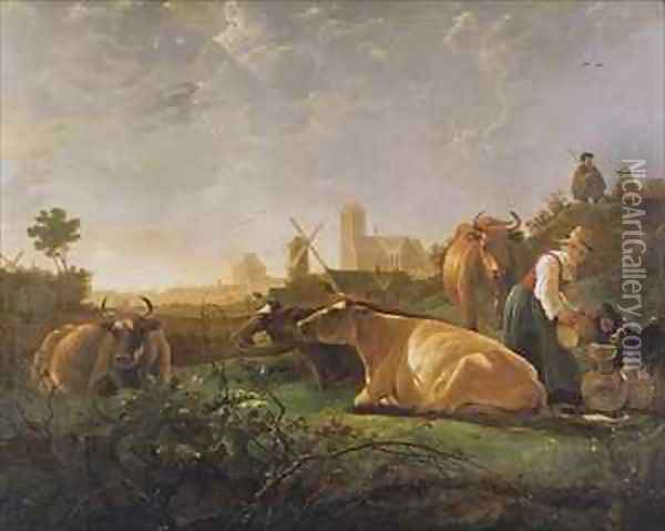 A Distant View of Dordrecht with Sleeping Herdsman and Five Cows Oil Painting - Aelbert Cuyp