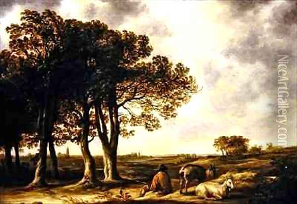Goatherd in lanscape a distant view of Amsterdam Oil Painting - Aelbert Cuyp