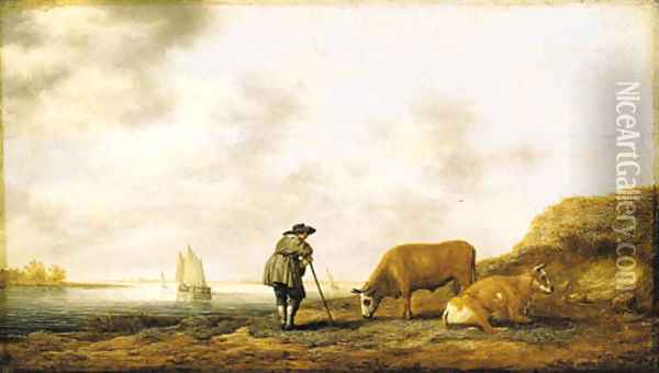 A river landscape with a cowherd resting on his crook, smalschips on a river beyond Oil Painting - Aelbert Cuyp