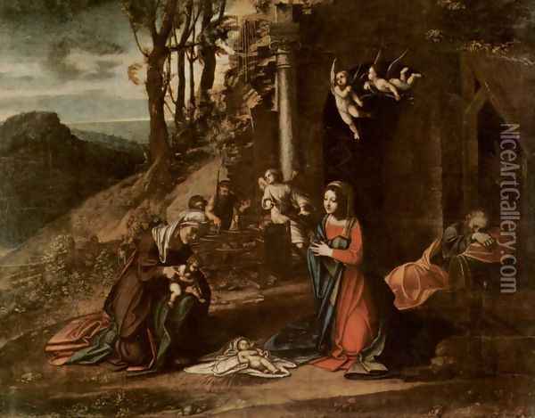 Christ's birth, with St. Elizabeth and John the Baptist, and sleeping Josef Oil Painting - Antonio Allegri da Correggio
