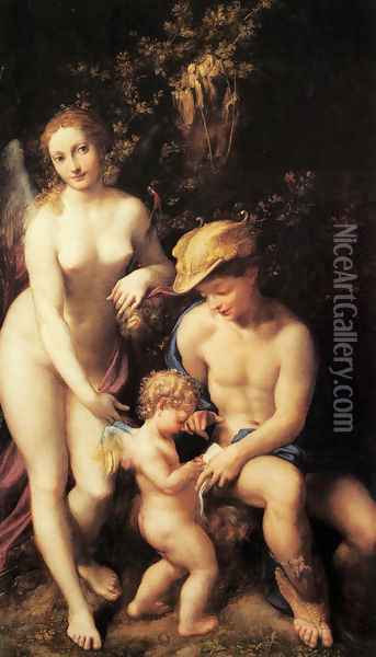 Venus with Mercury and Cupid, The School of Love 1525 Oil Painting - Antonio Allegri da Correggio