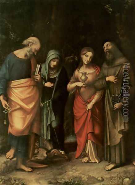 Four Saints, from left, St. Peter, St. Martha, St. Mary Magdalene, St. Leonard Oil Painting - Antonio Allegri da Correggio