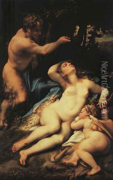 Venus and Cupid with a Satyr 1528 Oil Painting - Antonio Allegri da Correggio