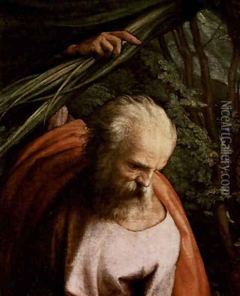 Rest on the Flight to Egypt, with St. Francis, detail, St. Joseph Oil Painting - Antonio Allegri da Correggio