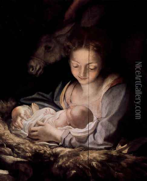 Adoration of the Shepherds (The Night), detail, Maria and child Oil Painting - Antonio Allegri da Correggio