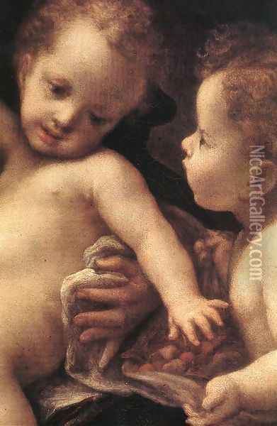 Virgin and Child with an Angel (Madonna del Latte)(detail 2) Oil Painting - Antonio Allegri da Correggio