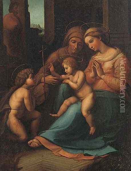 The Madonna and Child with the Infant Saint John the Baptist and Saint Anne Oil Painting - Antonio Allegri da Correggio