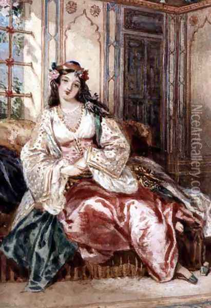A Lady Seated in an Ottoman Interior Wearing Turkish Dress, 1832 Oil Painting - Alfred-Edward Chalon