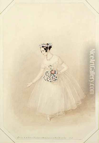 Marie Taglioni (1804-1884) as La Sylphide takes her curtain call with a posy of flowers, in a performance of 'La Sylphide, Souvenir D'Adieu' Oil Painting - Alfred-Edward Chalon