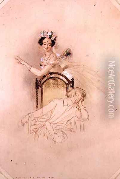 La Sylphide hovers beside the seated sleeping James, Marie Taglioni (1804-1884) in Act I of a performance of 'La Sylphide, Souvenir D'Adieu' 1845 Oil Painting - Alfred-Edward Chalon
