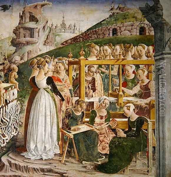 The Triumph of Minerva: March, from the Room of the Months, detail of the weavers, c.1467-70 Oil Painting - Francesco Del Cossa