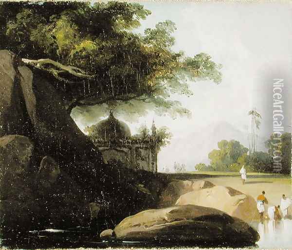 Indian Landscape with Temple, c.1815 Oil Painting - George Chinnery