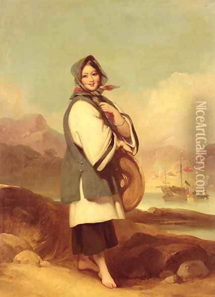 Portrait of a Eurasian girl against a Chinese River Landscape Oil Painting - George Chinnery