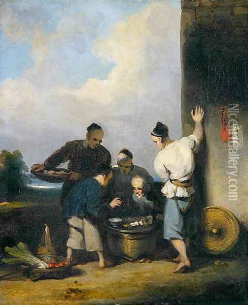 Coolies Round the Food Vendor's Stall, after 1825 Oil Painting - George Chinnery