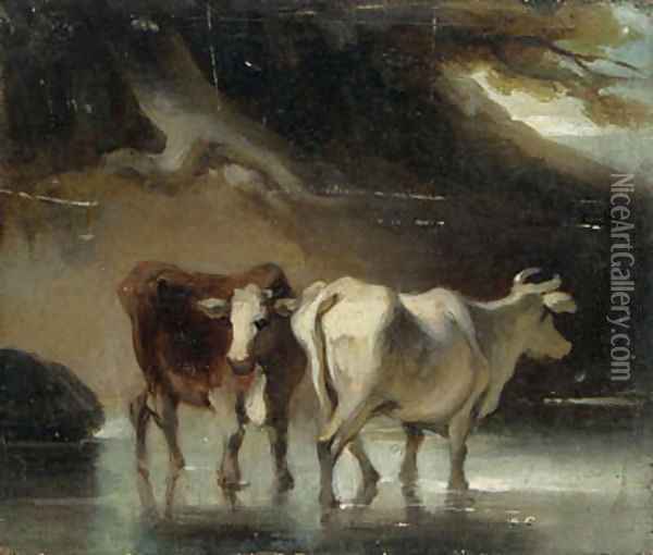 Cattle at a Pool Oil Painting - George Chinnery