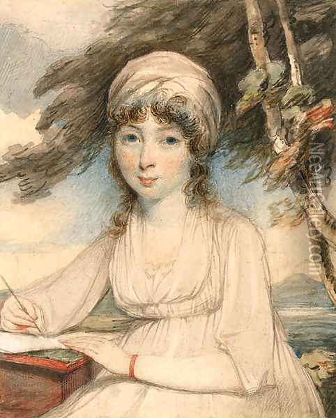 Portrait of a young lady, three-quarter-length in a white turban, wearing a white dress holding a pen in her right hand, seated in a wooded landscape Oil Painting - George Chinnery