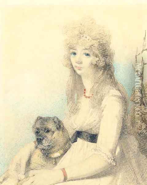 Portrait of Lady Elizabeth Stanley with her dog, half-length, seated Oil Painting - George Chinnery