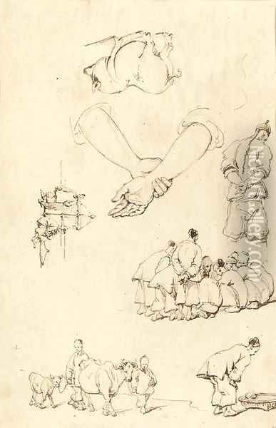 Studies of Chinese Figures with cattle Oil Painting - George Chinnery
