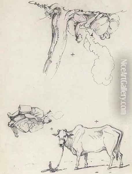 Studies of oriental figures and a cow Oil Painting - George Chinnery