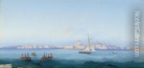 The Sea Approach To Valetta Harbours, Malta Oil Painting - Girolamo Gianni