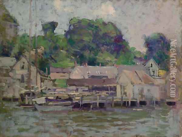 Grey Houses by the Dock Oil Painting - Paul Cornoyer