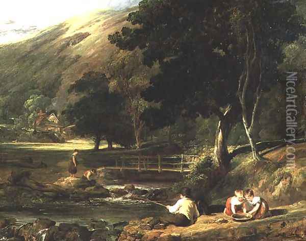Borrowdale, Cumberland, with Children Playing By A Stream, 1823 Oil Painting - William Collins