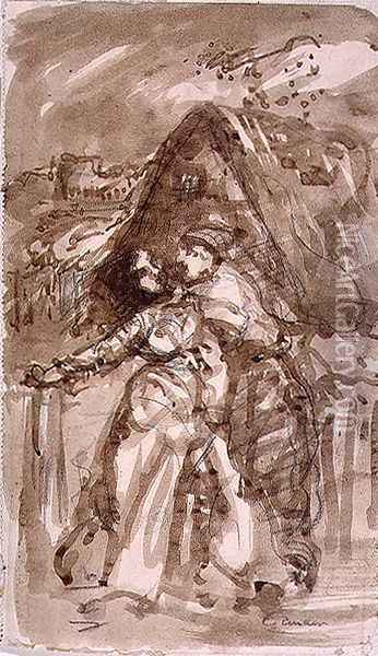 Sketch of a Man embracing a Woman at a Cottage Gate Oil Painting - William Collins