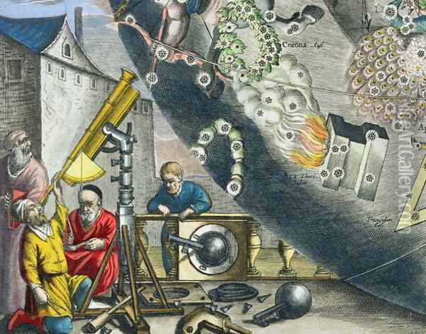 Astronomers looking through a telescope, detail from a map of the constellations, from 'The Celestial Atlas, or The Harmony of the Universe' Oil Painting - Andreas Cellarius