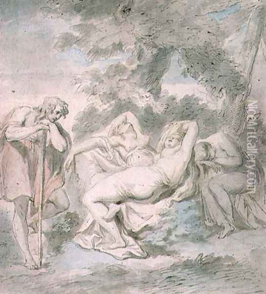 Cimon and Iphigenia: with two female attendants in a landscape Oil Painting - Giovanni Battista Cipriani