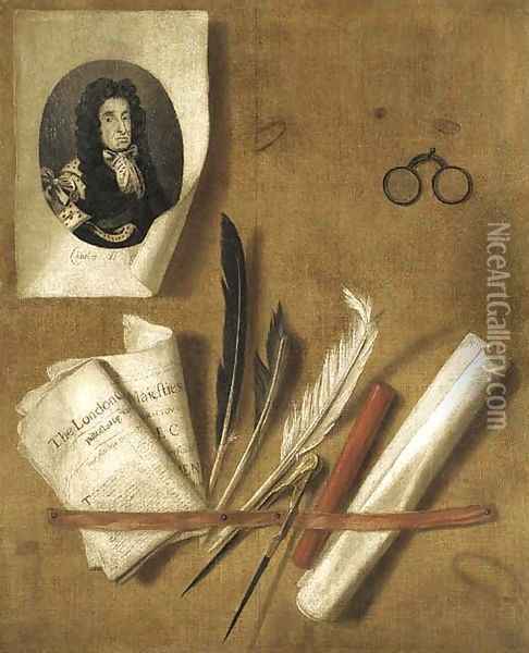 A trompe l'oeil still life of an engraving of King Charles II, newspapers, feathers, a compass, a sealing wax stick, a scroll and a pair of glasses Oil Painting - Edwart Collier