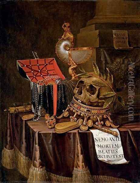 A vanitas still-life with a chest of jewels, a nautilus cup, an upturned crown and a skull resting on the top with a note Oil Painting - Edwart Collier