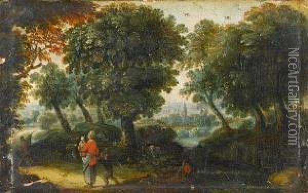 A Wooded River Landscape With A Mother And Herchildren On A Country Path Oil Painting - Abraham Govaerts