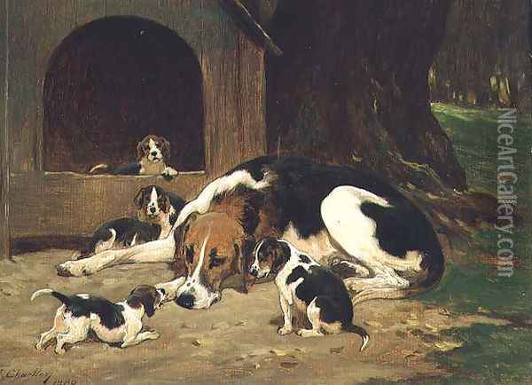 A Foxhound Bitch with her litter, 1880 Oil Painting - John Charlton