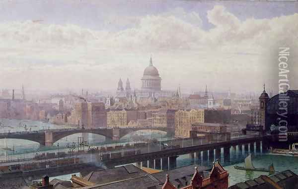 	View of London showing St Paul's and Canon Street Station from Southwark Bridge Oil Painting - John Crowther