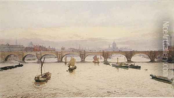 View of Waterloo Bridge from Hungerford Bridge, 1888 Oil Painting - John Crowther