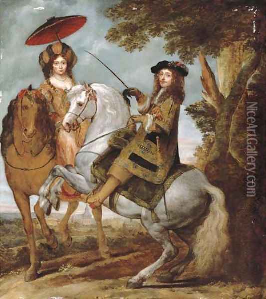 An equestrian portrait of an elegant gentleman and lady in a wooded landscape, a village beyond Oil Painting - Gonzales Coques