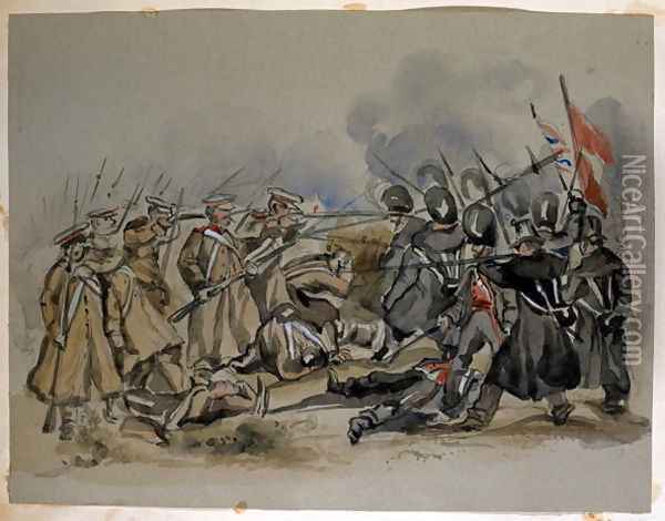 A conflict between Guards and Russian Troops during the Crimean War, from an album of paintings and sketches known as 'Cadogan's Crimea', c.1856 Oil Painting - George Cadogan