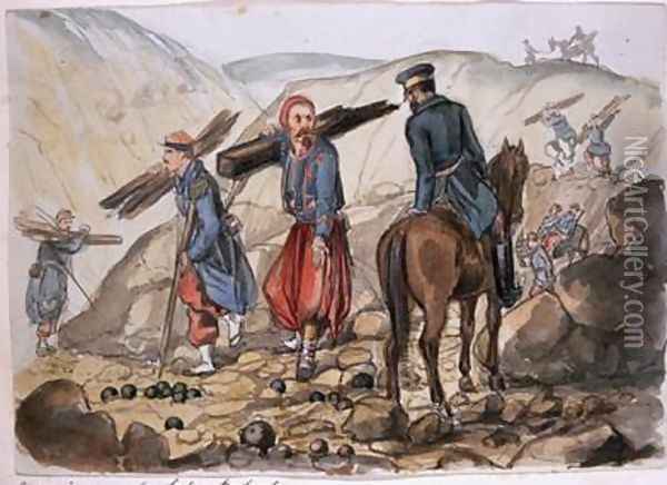 A ravine of Sebastopol after the explosion in the mamelon vert: a Zouave collects wood from the remains, from an album of paintings and sketches known as 'Cadogan's Crimea', 1854-56 Oil Painting - George Cadogan