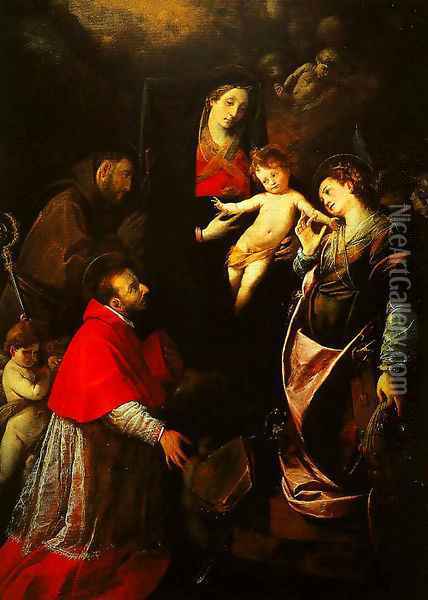 Madonna and Child with SS Francis Charles and Catherine of Alexandria Oil Painting - Giovanni Battista Crespi (Cerano II)