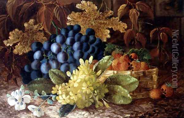 A still life of grapes and a basket of strawberries on a mossy bank Oil Painting - Vincent Clare