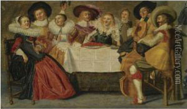 A Merry Company At A Table, Making Music Oil Painting - Dirck Hals