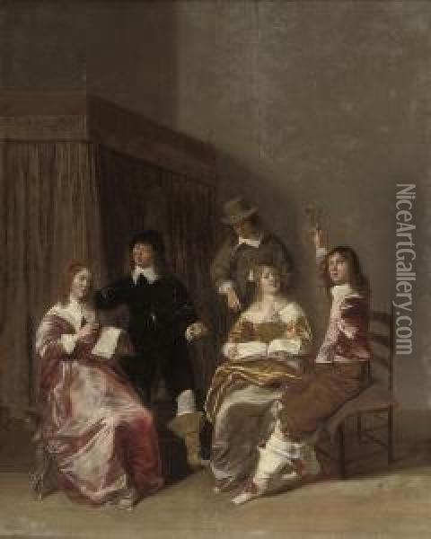 Merry Company Making Music In An Interior Oil Painting - Dirck Hals