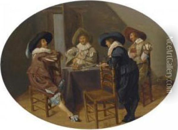 An Elegant Company Smoking And Drinking In An Interior Oil Painting - Dirck Hals