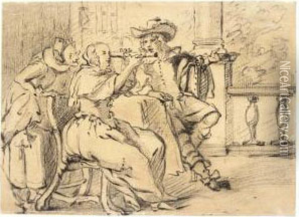 An Elegant Couple Seated On A 
Terrace, The Woman Looking Through A Telescope, An Old Woman Standing 
Behind Oil Painting - Dirck Hals