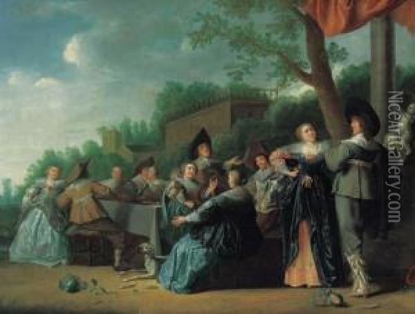 Elegant Company Feasting In An Ornamental Garden, A Palacebeyond Oil Painting - Dirck Hals