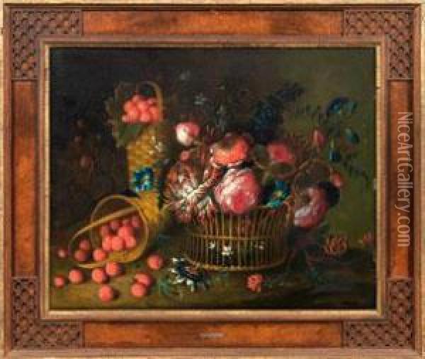 Stillleben Mit Blumenkorb Und Erdbeeren Oil Painting - Pieter Hardime