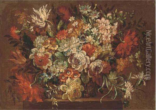 Summer Flowers In A Wicker Basket Oil Painting - Pieter Hardime